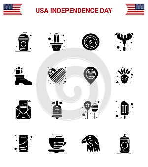 Editable Vector Solid Glyph Pack of USA Day 16 Simple Solid Glyphs of american; shose; pot; sausage; food