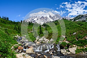 Edith Creek flowing through a valley on the side of Mt Rainier, Paradise area at Mt. Rainier national park, as a nature background