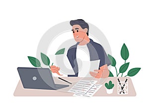Editing documents. Editor checking texts, correcting writing and spelling errors. Vector illustration.