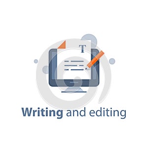 Editing text document, online education, creative writing and storytelling, copywriting concept