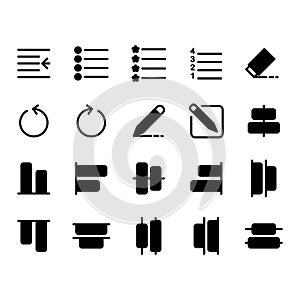 Editing text icon set include indent,bullet,numbering,list,eraser,undo,pen, pencil,draw,compose,write,bottom,distribute,top,select