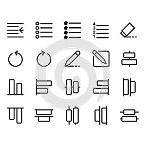 Editing text icon set include indent,bullet,numbering,list,eraser,undo,pen, pencil,draw,compose,write,bottom,distribute,top,select