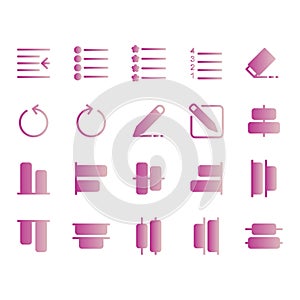 Editing text icon set include indent,bullet,numbering,list,eraser,undo,pen, pencil,draw,compose,write,bottom,distribute,top,select