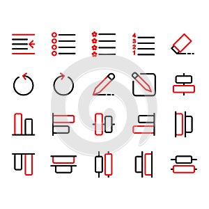 Editing text icon set include indent,bullet,numbering,list,eraser,undo,pen, pencil,draw,compose,write,bottom,distribute,top,select