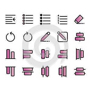 Editing text icon set include indent,bullet,numbering,list,eraser,undo,pen, pencil,draw,compose,write,bottom,distribute,top,select