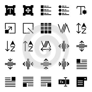 Editing text icon set include setting,scale,task,grid,fine,box,kerning,adjust,alphabet,sort,tracking,type,format,layout,image,form