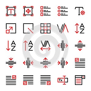 Editing text icon set include setting,scale,task,grid,fine,box,kerning,adjust,alphabet,sort,tracking,type,format,layout,image,form