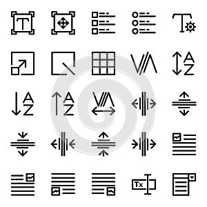 Editing text icon set include setting,scale,task,grid,fine,box,kerning,adjust,alphabet,sort,tracking,type,format,layout,image,form