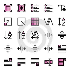 Editing text icon set include setting,scale,task,grid,fine,box,kerning,adjust,alphabet,sort,tracking,type,format,layout,image,form
