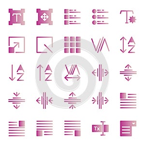 Editing text icon set include setting,scale,task,grid,fine,box,kerning,adjust,alphabet,sort,tracking,type,format,layout,image,form