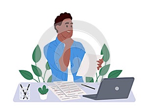 Editor checking texts, correcting writing and spelling errors. Editing documents. Vector illustration.