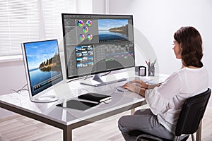 Editor Editing Video On Computer photo