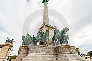 Editorial, Column and the statues of the Seven chieftains of the Magyars at Heroes Square,  Budapest Hungary, landscape