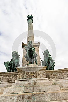 Editorial, Column and the statues of the Seven chieftains of the Magyars at Heroes Square,  Budapest Hungary, portrait