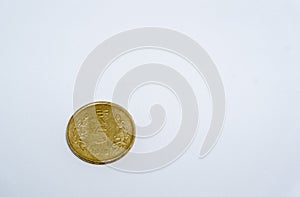 EDITORIAL, DATED 05-08-2020, LOCATION- INDIA. A closeup shot of Indian five rupee coin with white background in studio settings