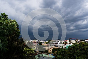 EDITORIAL DATED-26th april 2020 LOCATION- Dehradun Uttarakhand India. a wide angle shot of heavily overcast sky during monsoon in