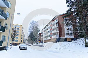 Editorial: Helsinki City, Finland, 21th December 2018. Car on the road in village with snow and winter season at Helsinki, Finland