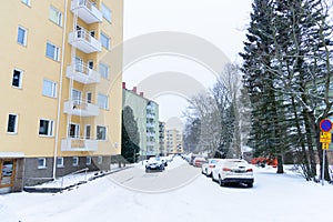 Editorial: Helsinki City, Finland, 21th December 2018. Car on the road in village with snow and winter season at Helsinki, Finland