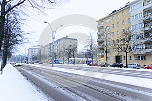Editorial: Helsinki City, Finland, 21th December 2018. Car on the road in village with snow and winter season at Helsinki, Finland