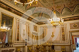 Editorial. May, 2019. Venice, Italy. Ceiling and chandeliers, fragment of the decoration in the hall of the theater La Fenice