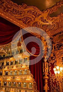 Editorial. May, 2019. Venice, Italy. Fragment of the decoration of the Royal Lodge and part of the theater in La Fenice