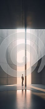 Editorial photography of a woman in a giant brutalist controlroom interior,