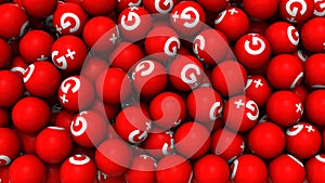 Editorial shot: filled screen 3D rendering red balls with icon Googl. Round spheres with logo of the social Internet