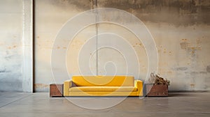 Editorial Style Photograph Of Yellow Couch In Simple Brutalist Environment