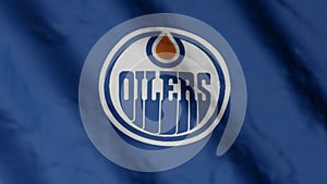 Edmonton Oilers hockey club flag waving in the Wind. Edmonton Oilers HC. 3d render.