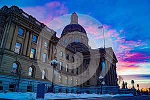 Edmonton`s Alberta Legislature Grounds at sunset