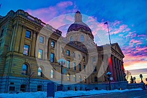 Edmonton`s Alberta Legislature Grounds at sunset