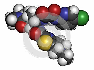 Edoxaban anticoagulant drug molecule (direct FXa inhibitor). Atoms are represented as spheres with conventional color coding:
