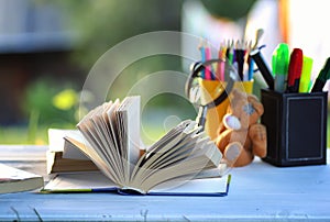 Educaion back school book stack page outdoor