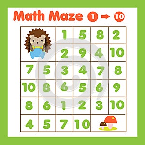 Educatiional children game. Mathematics maze. Labyrinth with numbers. Counting from one to ten. Animals theme activity for
