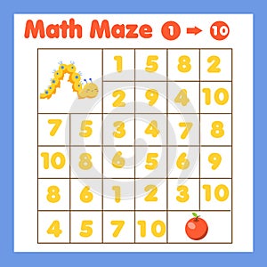 Educatiional children game. Mathematics maze. Labyrinth with numbers. Counting from one to ten. Animals theme activity for