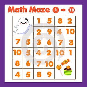 Educatiional children game. Mathematics maze. Labyrinth with numbers. Counting from one to ten. Halloween theme activity for
