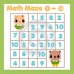 Educatiional children game. Mathematics maze. Labyrinth with numbers from one to ten with cute animals photo