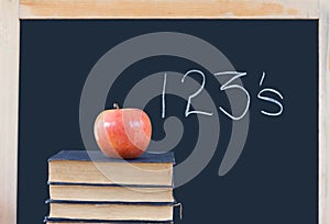 Education: 123's on chalkboard, books, apple