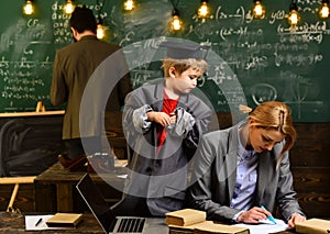 Education activities in classroom at school happy child is learning, Man looking in laptop display watching training