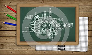 Education, Back to School Concept, Blackboard with word cloud, Notepad