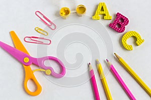 Education or back to school concept. Colorfull school supplies on white background