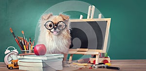 Education, Back to School concept with Cute puppies Pomeranian Mixed breed Pekingese dog