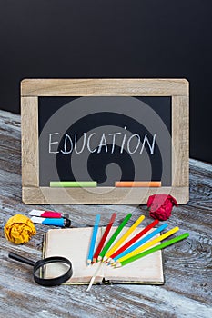 education background with special school supplies, end of holiday, new start