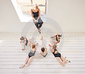 Education, ballet school teacher speech to learning students or kids at performance art studio. Woman or coach help and