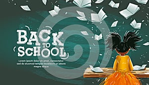 Education banner with school girl in classroom at lesson, flying books surround, vector illustration.