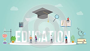 Education big word concept with people student and some icon tools related with modern flat style - vector