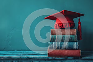 Education Books Concept: Stack of Books With Graduation Cap. Generative AI