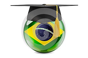 Education in Brazil concept. Brazilian flag with graduation cap, 3D rendering