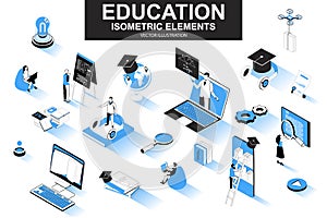 Education bundle of isometric elements. Academic cap, online library, studying student, distance learning, webinar, homework