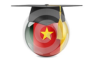 Education in Cameroon concept. Cameroonian flag with graduation cap, 3D rendering